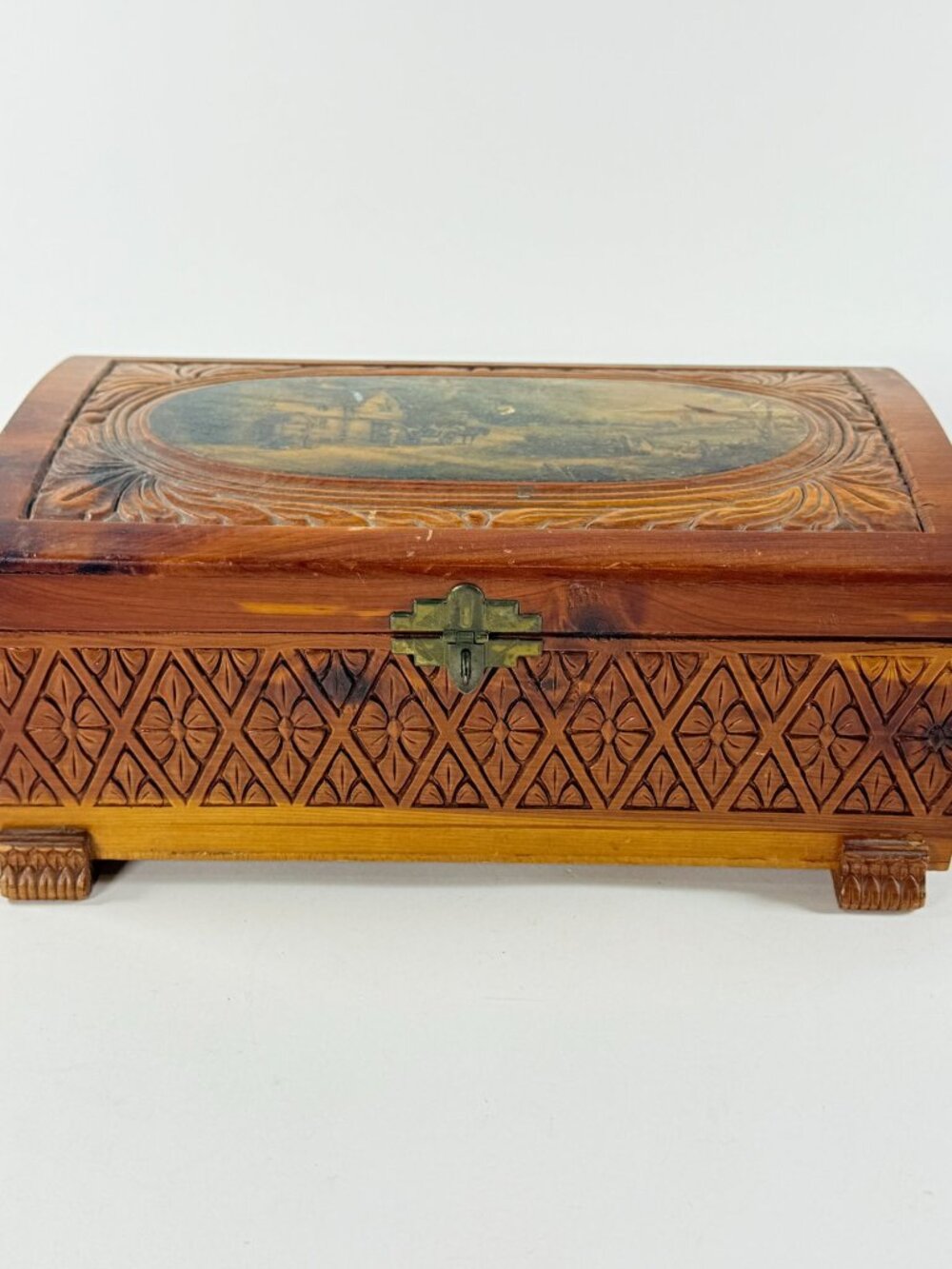 Vintage Cedar Wood Jewelry Box With Carved Floral Design & Landscape Scene Lid